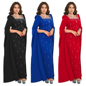 Elegant cape sleeve floor-length evening gowns with rhinestones in black, blue and red