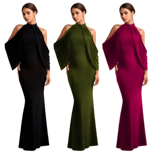 Elegant off-shoulder fishtail maxi dress with draped sleeves in black, green and burgundy