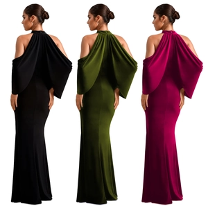 Detail of off-shoulder evening gowns in black, olive green, and rose red colors