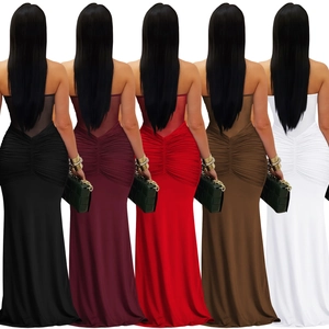 Back view of ruched bodycon halter dresses in black, burgundy, red, brown and white