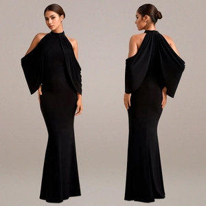 Elegant black halter off-shoulder mermaid dress with draped cape sleeves front and back view