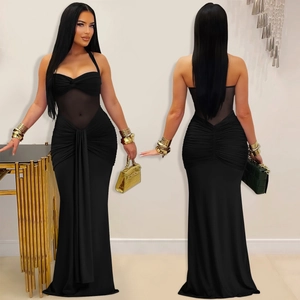 Front and back view of a sexy black mesh halter dress with ruched details and sheer panels