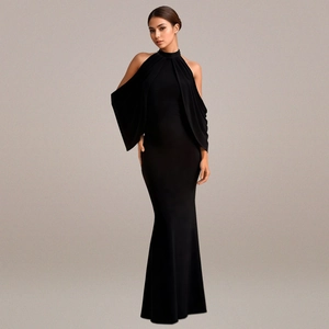 Detail of elegant black off-shoulder halter evening gown with a mermaid silhouette