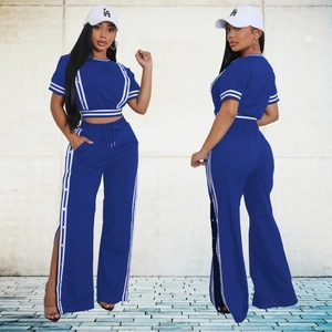 Completo due pezzi blu scuro da donna con gamba larga e strisce bianche laterali decorative