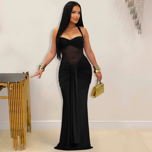 Elegant black halter maxi dress with sheer mesh panel and knot detail for evening wear