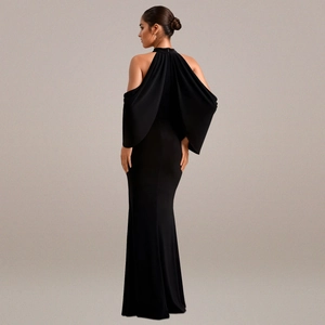 Elegant black off-the-shoulder evening gown with cape sleeves and mermaid hem, back view