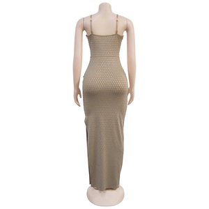 Detail of slim fit bodycon dress featuring rhinestones and a back zipper closure