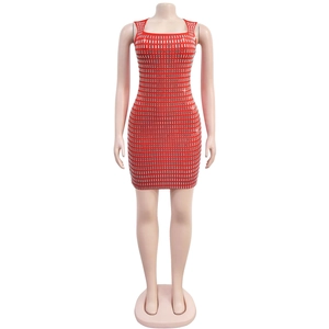 Detail of red bodycon mini dress featuring sparkling silver rectangular rhinestones