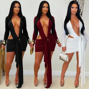 Sexy Deep V Neck Long Sleeve Cut Out Ruched Bodycon Mini Dress With Long Streamers Elegant Party Clubwear Dress For Women