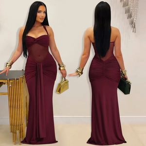 Front and back details of a burgundy halter dress with mesh panels and ruched texture