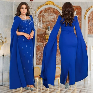 Elegant royal blue rhinestone bodycon dress with cape sleeves and back slit