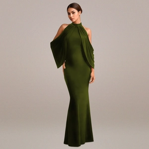 Detailed view of moss green velvet off-shoulder evening dress with elegant draped sleeves
