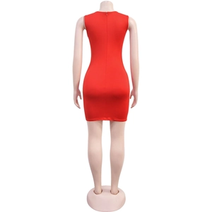 Rear view of tight red sleeveless bodycon dress showing concealed back zipper detail