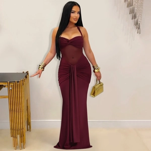 Elegant burgundy halter neck evening gown with mesh patchwork and draped detailing