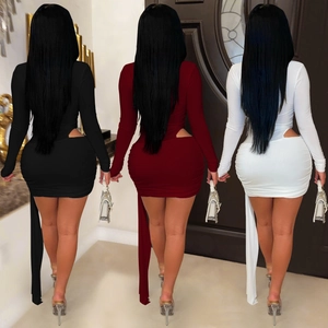 Sexy V-neck bodycon mini dress with waist cut-outs and elegant long side ribbons