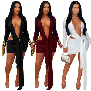 Sexy deep V-neck cutout mini dress with long sashes in black, burgundy and white colors