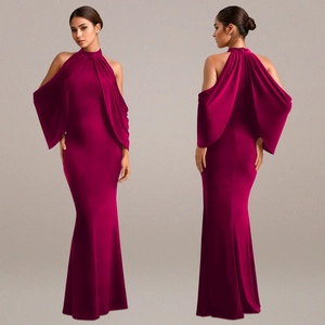 Detail of rose red halter maxi dress with elegant cold shoulder and cape slit sleeves