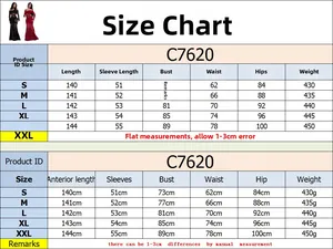 Size chart for lace off-shoulder maxi dress with detailed measurements in cm and grams