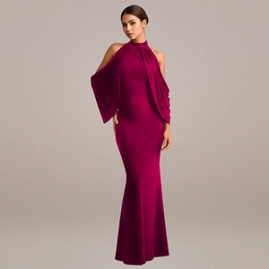 Detail of burgundy satin dress showing elegant draped sleeves and high neck collar