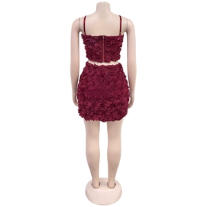 Dettaglio di un set a due pezzi rosso scuro con tessuto a rose 3D e zip posteriore