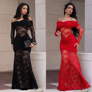 Women Sexy Off Shoulder Lace Patchwork Mermaid Maxi Dress Ruched Long Sleeve Bodycon Evening Party Gown For Wedding Banquet