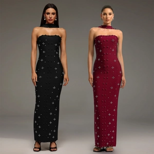 Robe Maxi Moulante Bustier Élégante Avec Collier Assorti Strass Perles Dos Nu Fente Robe De Soirée Mariage Femme