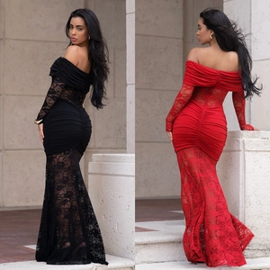 Elegant off-shoulder lace mermaid dress with pleated fabric in black and red colors