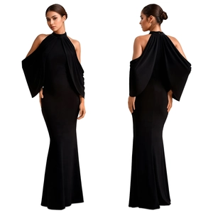 Detail of elegant black halter dress featuring dramatic draped cold-shoulder sleeves
