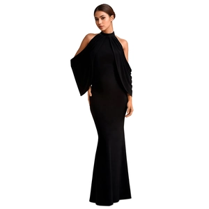 Detail of elegant black off-shoulder long dress with hanging fringe sleeves and mermaid hem