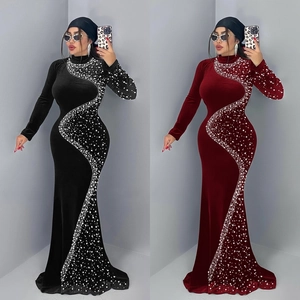 Robe de Soirée Élégante en Velours avec Strass Manches Longues Sirène Robe Maxi pour Femmes Mariage Fête Banquet