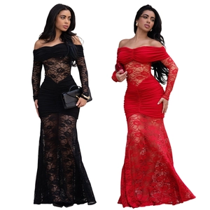 Elegant off-the-shoulder lace dress in black and red, slim fit fishtail evening gown