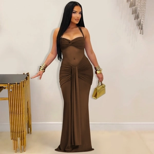 Detail view of brown halter neck bodycon maxi dress with ruched knot chest design
