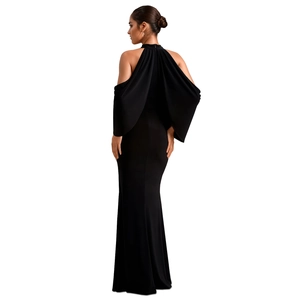 Elegant black off-shoulder maxi dress with cape sleeves and floor-length mermaid hem