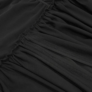 Close-up detail of black ruffled chiffon fabric showing fine stitching and tiered texture