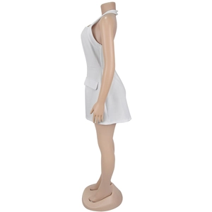 Detailed side view of white halter neck mini dress with decorative pocket flap