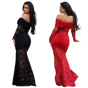 Detailed back view of off-shoulder lace evening dresses in black and red floral patterns