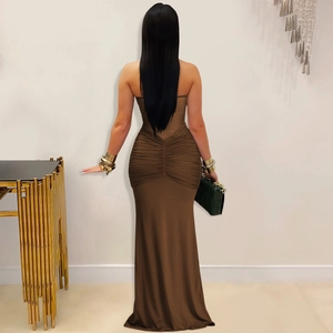 Detailed back view of a ruched brown maxi dress featuring sexy mesh and bodycon fit