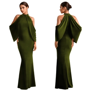 Detailed front and back view of olive green satin slim fit off-shoulder evening gown