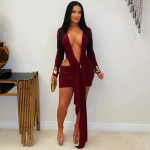 Deep V-neck wine red bodycon dress with long sleeves and elegant waist streamers