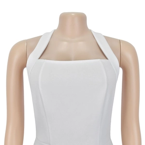 Detail of white halter neck sleeveless mini dress with a square neckline and smooth fabric