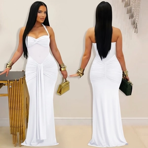 Front and back detail of a white halter neck bodycon floor-length evening dress with ruffles