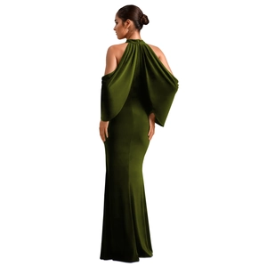 Macro detail of elegant olive green bodycon dress with off-shoulder sleeves and silk texture