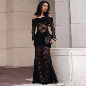 Elegant off-shoulder black lace dress with long sleeves and bodycon fit for women
