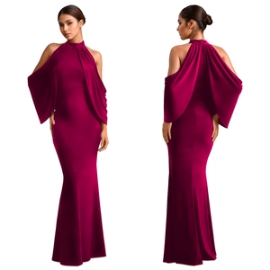 Detail view of fuchsia off-shoulder evening dress with elegant draping and slim fit