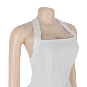 Detail of white off-the-shoulder halter dress featuring square neckline and vertical stitching
