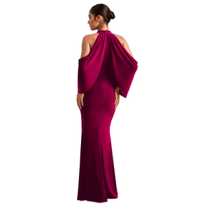 Detail view of the elegant burgundy cold-shoulder maxi dress with cape sleeves and satin finish