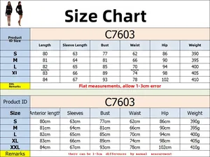 Tableau des tailles pour robe en velours à paillettes C7603 avec mesures du S au XXL