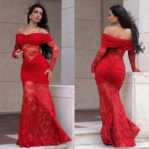 Detailed views of red off-shoulder lace mermaid dress with ruched body and sheer sleeves