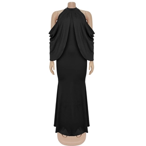 Detail of elegant black off-shoulder bodycon maxi dress with draped shoulder pleats