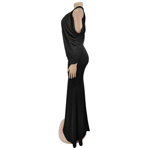 Detail of elegant black slim fit off-shoulder mermaid maxi dress with draped bodice